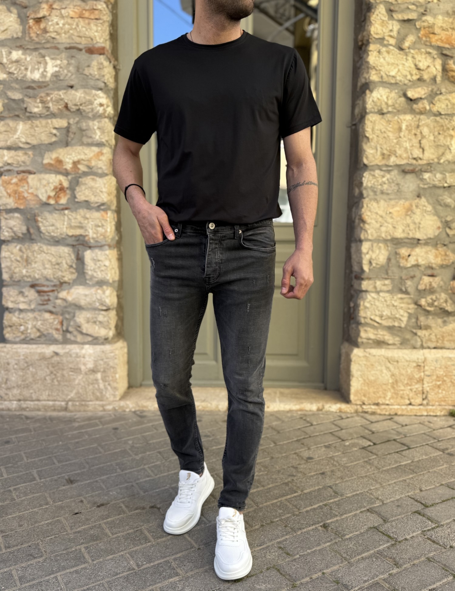 Ανδρικό Slim ανθρακί με φθορές τζιν παντελόνι πεντάτσεπο με κουμπιά 3LN478 φωτογραφία